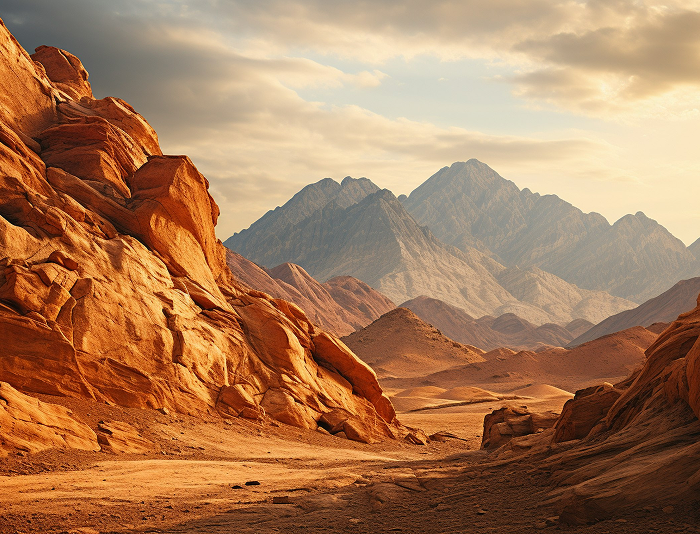 Desert landscape with mountains and cloudy sky
