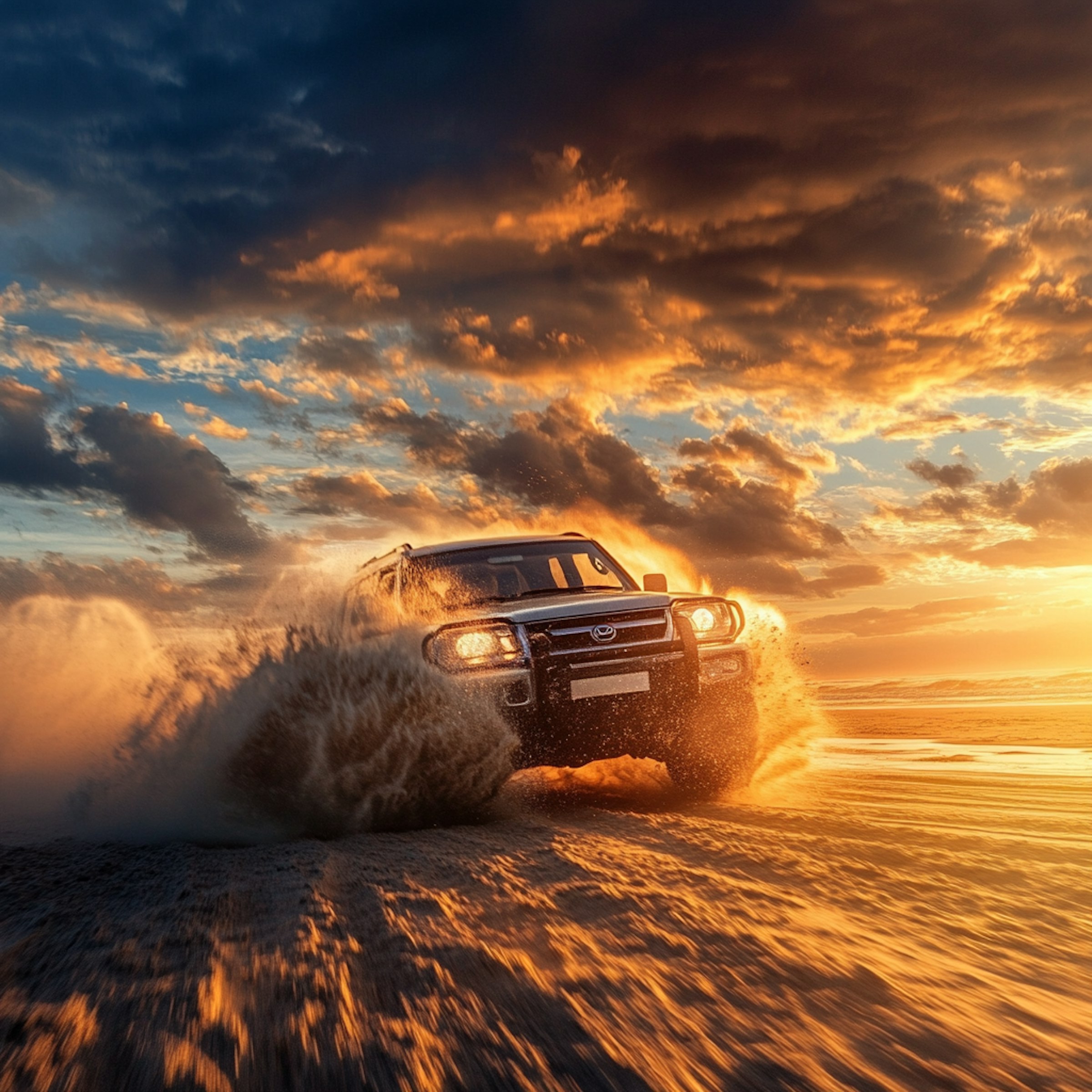 Off roading vehicle splashing through water at sunset